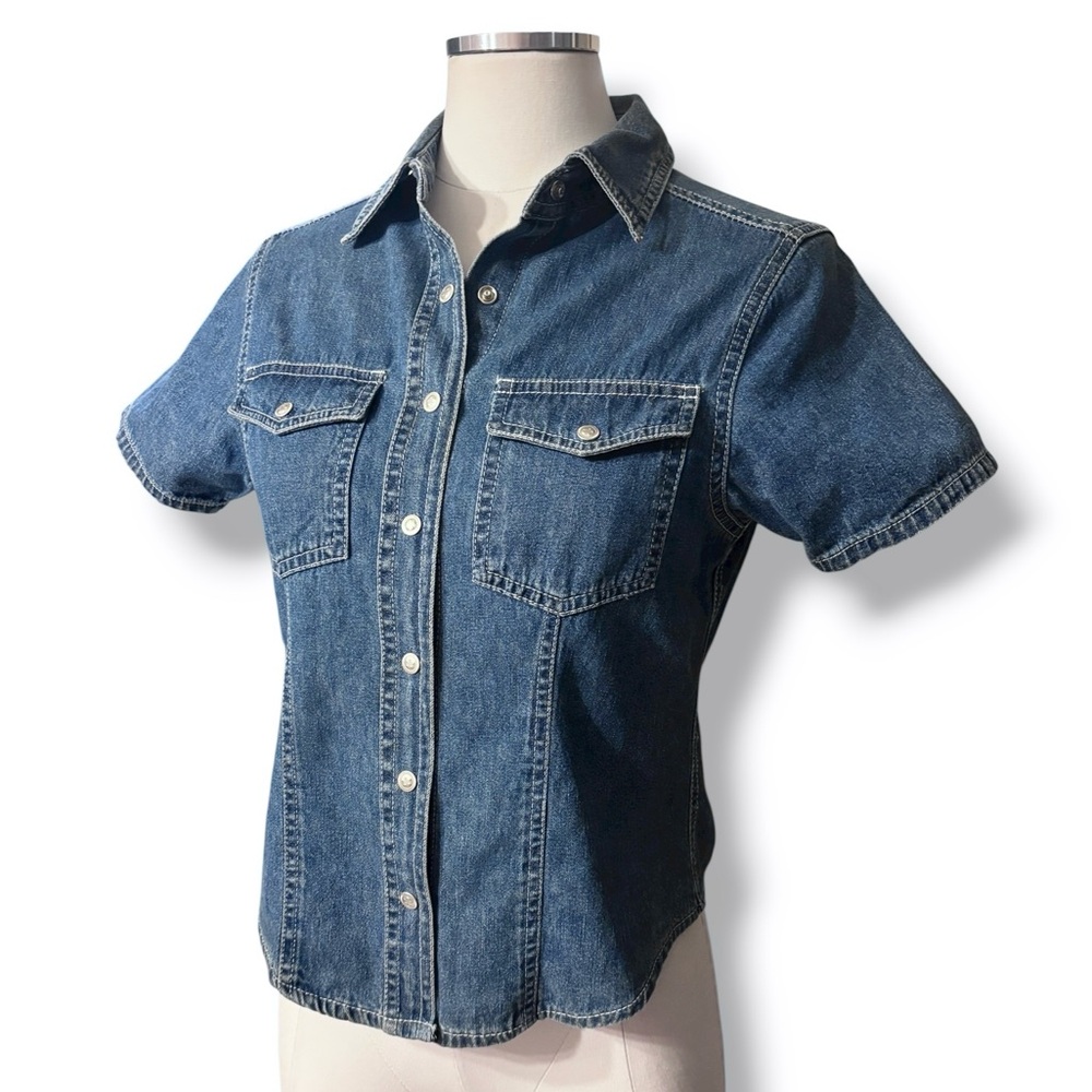 AT LAST BLUES Denim Short Sleeve Snap Front Shirt Size Small VINTAGE